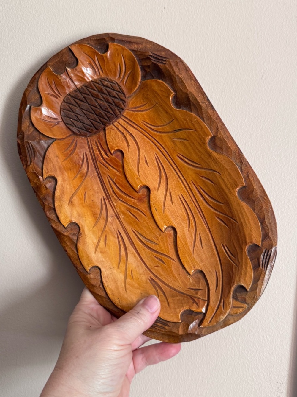 Vintage Hand-Carved Wooden Decorative Tray in Warm Brown